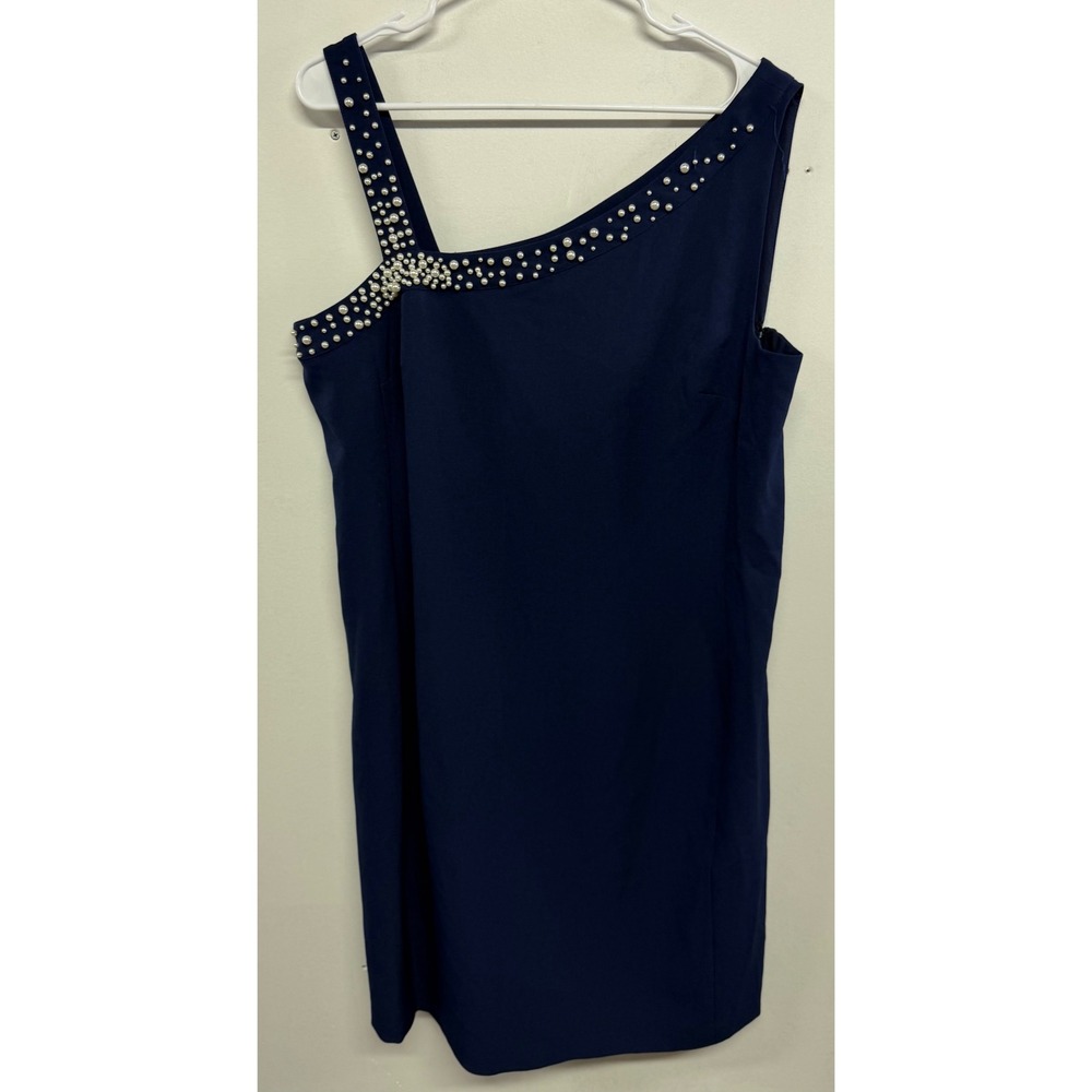 Karl Lagerfeld Paris Navy One Shoulder Pearl Embellished Sheath Dress 16 NVY